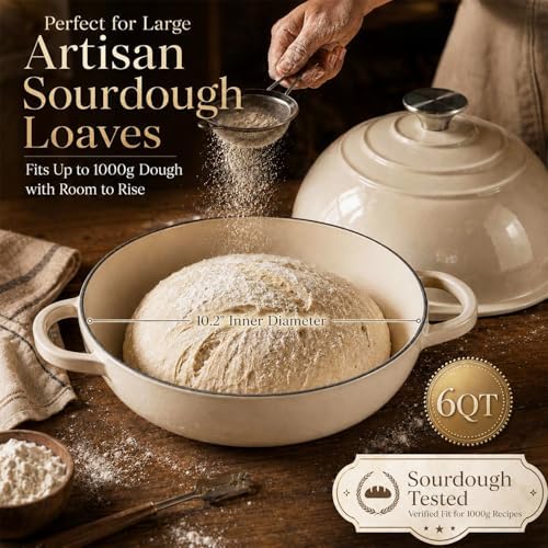 AHJ 6QT Dutch Oven For Bread Baking, Enameled Cast Iron Dutch Oven Pot with Lid, Multi-Functional Bread pan, Sourdough Baking Supplies with Proofing Basket, Cast Iron Bread Oven, Silicone Sling & Gloves. - Image 5