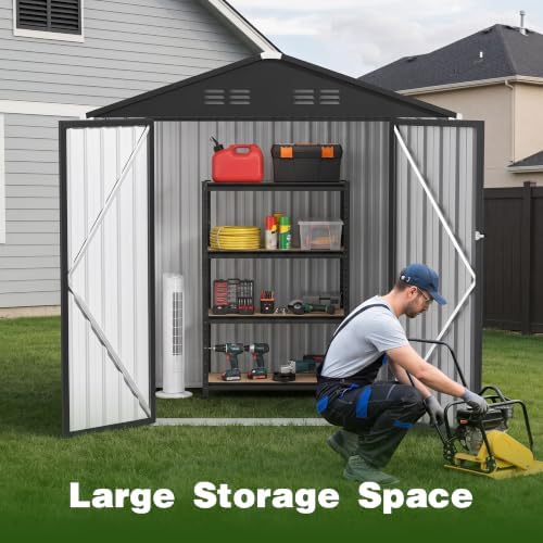 6 x 4 FT Outdoor Storage Shed, Waterproof Metal Garden Tool Shed with Gable Sloped Roof, Lockable Door & Air Vents for Backyard Patio Lawn, White - Image 4