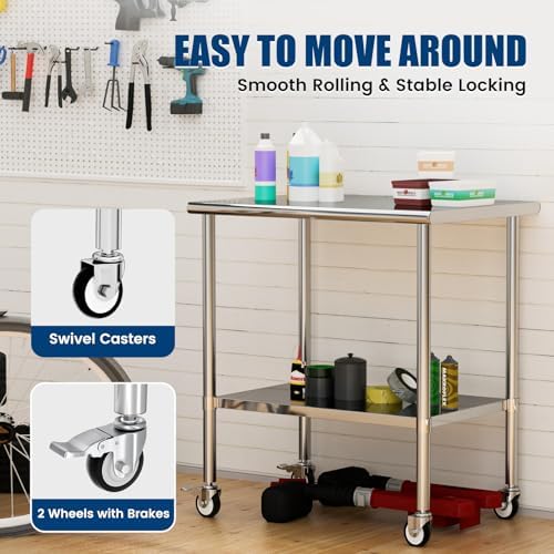 Stainless Steel Work Table with Wheels, 24x36 Inch NSF Kitchen Prep Table with Adjustable Undershelf for Commercial Restaurant, Garage, Outdoor BBQ - Image 6