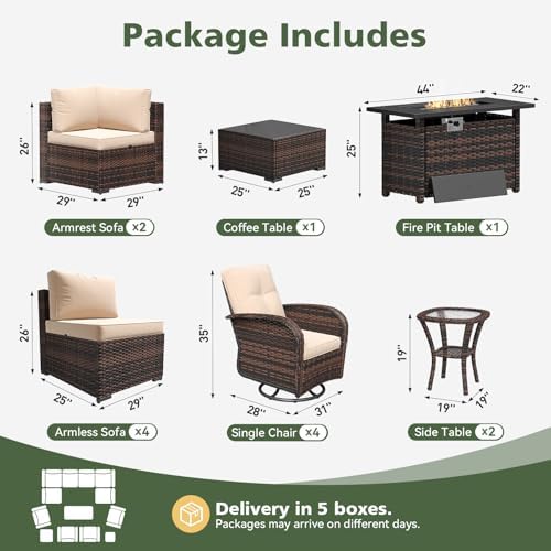 Aoxun 14 Piece Outdoor Patio Furniture Set with 44'' Fire Pit Table, Wicker Rattan Outdoor Furniture with High Back Swivel Rocker Chairs, Outdoor Conversation Set with Thick Cushion, Beige - Image 2