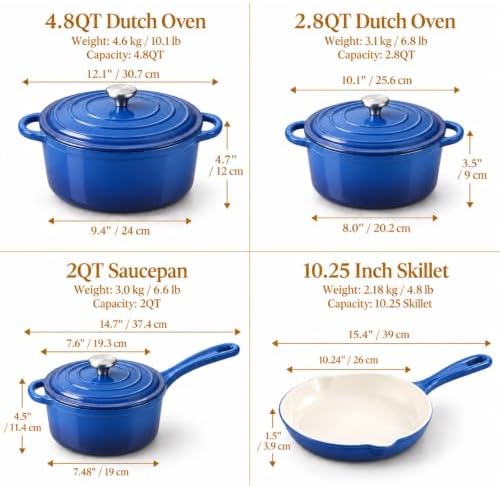 QuliMetal Enameled Cast Iron Cookware Set, 4-Piece Pots and Pans Set with Lids, 10.25" Skillet, 2QT Saucepan, 2.8QT & 4.8QT Dutch Ovens, Oven Safe to 500°F, All Stovetops Compatible - Cobalt Blue - Image 2