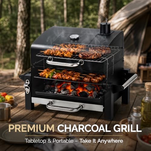 ROVSUN Portable Charcoal Grill, Tabletop Grill with Thermometer and Chimney, Smoker for Outdoor Cooking, BBQ, Camping and Patio Parties - Image 5