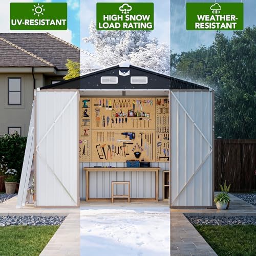 MXV 8 x 6FT Outdoor Storage Shed, Metal Garden Shed with Windows, Double Lockable Doors & Sloped Roof, Magnetic Solar Lamp, Waterproof Tool Sheds for Backyard Garden Patio Lawn, Brown - Image 5