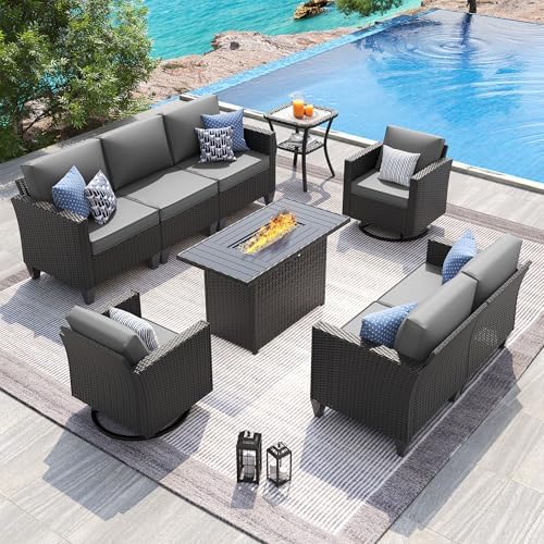 UDPATIO Patio Furniture Set with Fire Pit Table and Swivel Rocking Chairs, 6 Pieces Outdoor Wicker Furniture Set with Waterproof Cover, 4'' Thickened Cushion, Grey by UDPATIO