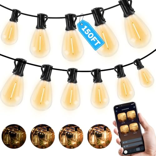 GvvooHome 150FT Outdoor String Light with S11 Plastic Bulbs, Low-Voltage LED Patio Light with App & Remote, Music Sync, 4 Lighting Modes, Dimmable & Waterproof for Backyard, Porch, Garden, Deck, Party by GvvooHome