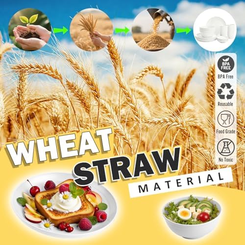 Wheat Straw Plates and Bowls Sets of 16，Unbreakable Dinnerware Sets for 4, Microwave & Dishwasher Safe Kids Dish Set for Kitchen, Outdoor, Camping, Party, RV- White - Image 6