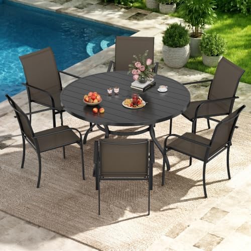 Incbruce 7 PCS Patio Dining Set, Outdoor Dining Set of 6 Textilene Chairs and 53" Round Table with Umbrella Hole for Backyard, Garden, and Poolside (Brown) - Image 7
