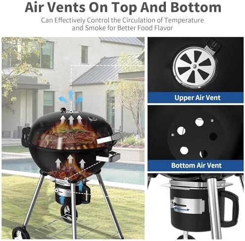 22.5-Inch Portable Charcoal Grill, Heavy Duty Kettle BBQ Smoker with Built-in Thermometer & Removable Water-Rinsable Ash Catcher for Outdoor Camping, Patio, Backyard, and Tailgating - Image 5