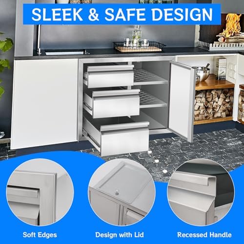 Outdoor Kitchen Drawer Combo, Stainless Steel Triple Drawers with Access Door, 28" W x 22" H x 19.5" D Outdoor Kitchen Cabinet for BBQ Island Grill Stations - Image 5