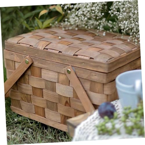 Wood Chip Woven Picnic Basket with Handle, Coffee Color Empty Basket for Fruit and Vegetable Storage, Outdoor Sundries Organizer for Home and Garden Use - Image 5