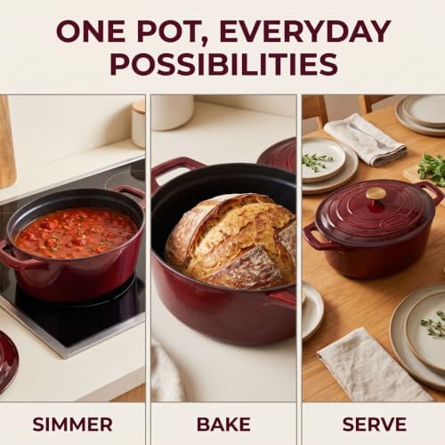 La Cuisine Enameled Cast Iron Oval Dutch Oven Casserole Dish Pot with Lid 6.75 QT Internal Matt Black Enamel Coating Gold-Plated Stainless Steel Lid Handle Oven Safe Cranberry - Image 4