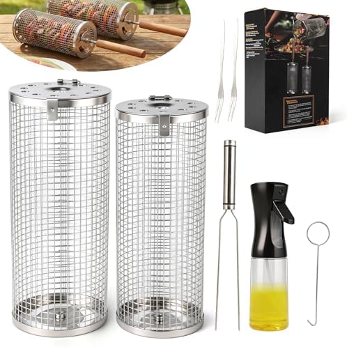 Rolling Grill Basket,7-Piece BBQ Set,Stainless Steel Grilling Basket with Lid and Removable Wooden Handle, BBQ Grill Accessories for Vegetables, Shrimp, Meat ,Outdoor Cooking Perfect Gifts for Men Dad Husband - Image 2