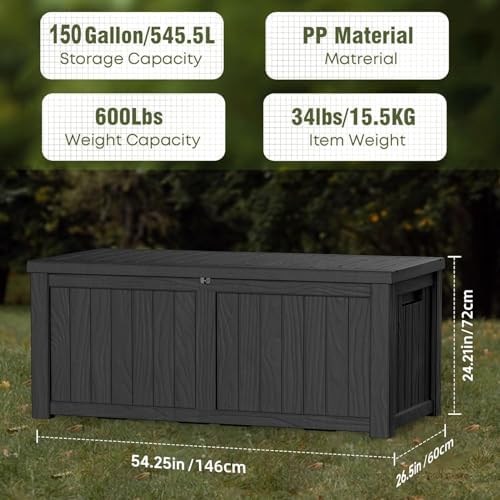 PatioZen 150 Gallon Outdoor Deck Box,Waterproof Resin Outdoor Storage Boxes, Outside Storage Lockable Container for Garden Tools,Indooor Cushions,Accessories (Black) - Image 3