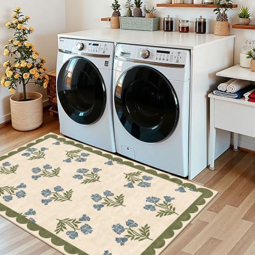 3x5 Floral Entry Rug - Small Washable Indoor Outdoor Mats for Front Door Non-Slip Porch Rug Sage Blue Boho Retro Throw Rugs for Living Room Bedroom Entryway Kitchen Office Porch Decor - Image 6