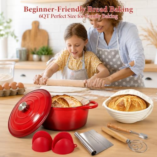 Enameled Cast Iron Dutch Oven 6QT with Lid-Banneton Basket Dough Tools - Image 2