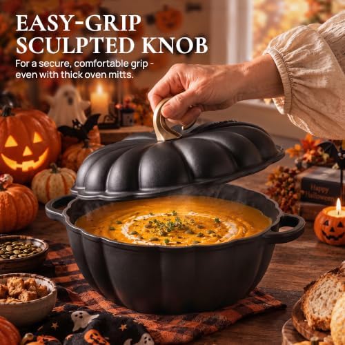 Overmont Pumpkin Enameled Cast Iron Dutch Oven with Lid,4.5 QT,Black - Image 2