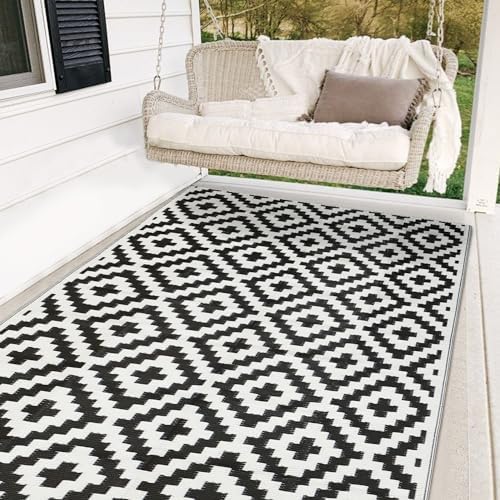 SAND MINE Waterproof Outdoor Rug 5x8 ft, Plastic Reversible Rug, Modern Area Rug, Large Floor Mat for Outdoors, RV, Patio, Backyard, Deck, Picnic, Beach, Camping (5' x 8', Black & White Lattice) by SANDMIND