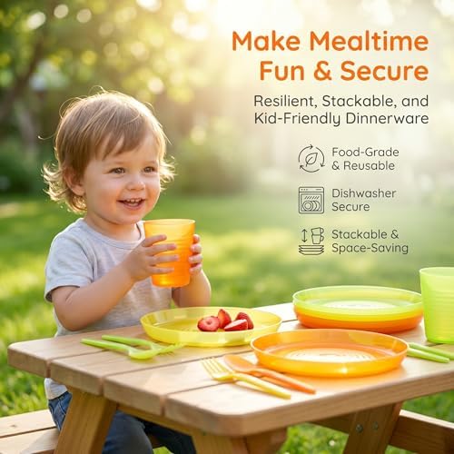 12-Piece Colorful Dinnerware Set， Orange Yellow Green Dopamine Color Matching, Unbreakable Lightweight with Plates Cups Spoons Forks for Home Daily Kitchen Picnic Camping - Image 7