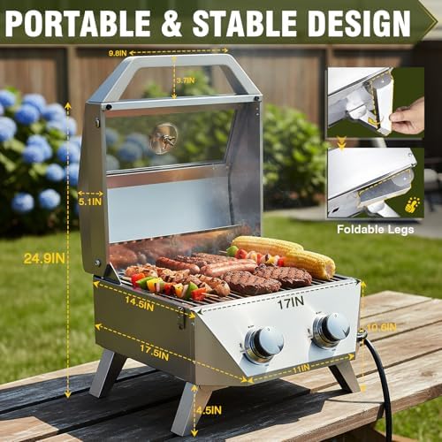 BESTFIRE Tabletop Gas Grill with 2 Burners & Viewing Glass Lid, 20,000 BTU Stainless Steel Portable BBQ Grill with Thermometer, Push-Button Ignition for Outdoor Patio, Camping, RV, Tailgating - Image 3