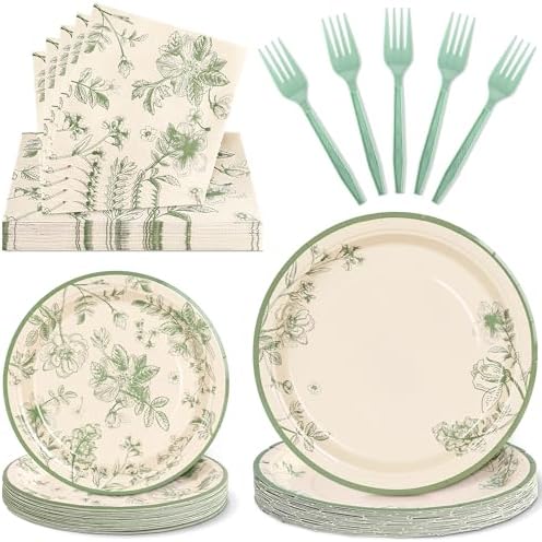 100 Pcs Disposable Sage Green Floral Tableware Set for 25 Guests by COSINIA