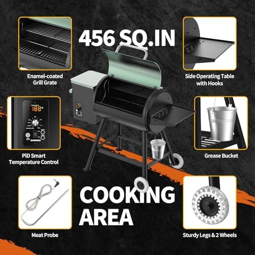Electric Pellet Grill 456 SQ.IN Cook Area Pellet Smoker with Auto Feed & PID Controller 500°F Max Temperature 8 in 1 BBQ Grill with Meat Probe & Side Table with Hooks Perfect for Outdoor BBQ - Image 6