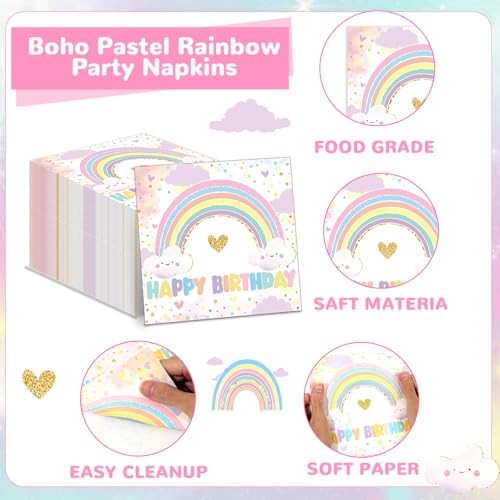 96PCS Boho Pastel Rainbow Party Paper Plates and Napkins for Rainbow Cloud Theme Party Dessert Cake Plates Disposable Decor Girls Happy Birthday Set for Kids Birthday Gatherings Decorations - Image 4