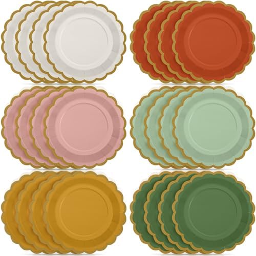 48 Pcs Colorful Paper Plates 9 Inch Boho Scalloped Paper Disposable Dinner Dessert Plates for Birthday Wedding Bridal Party Supplies, 6 Colors by Tiangrid