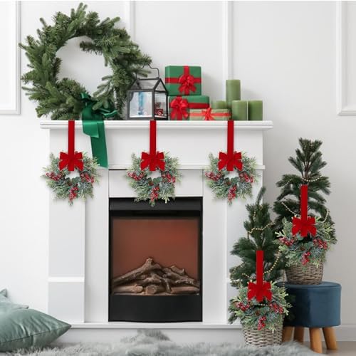 Sggvecsy 6 Pcs Christmas Mini Cabinet Wreaths Norfolk Pine Wreath with Ribbon Bows Red Berry Pinecones Artificial Small Kitchen Wreath for Window Front Door Farmhouse Wall Pillars Xmas Decorations - Image 2