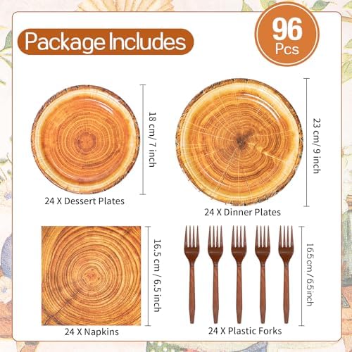 96Pcs Rustic Wood Grain Slice Paper Tableware Set for 24 Guests - Image 3