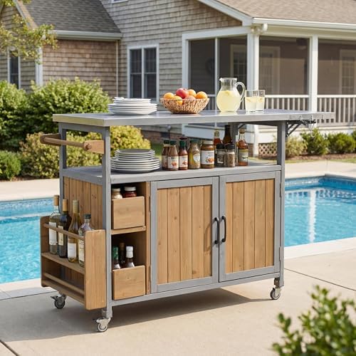 Christopher Knight Home Edsel Outdoor Bar Cart with Stainless Steel Top and Lockable Wheels, Solid Wood Outdoor Storage Cabinet, Kitchen Island Serving Cart for Poolside, Walnut Brown+Blue Gray by ChristopherKnightHome