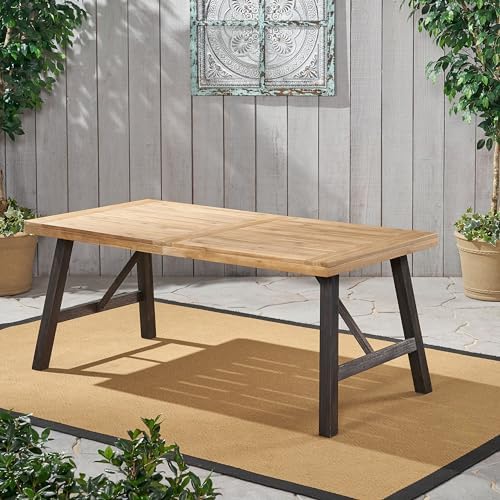 70.5'' Outdoor Patio Dining Table & 2 Bench for 4, Acacia Wood Farmhouse Dining Table Set Outdoor & Indoor Furniture for Patio Porch Garden, H-Shaped Base, 3-Pcs, Light Brown - Image 4