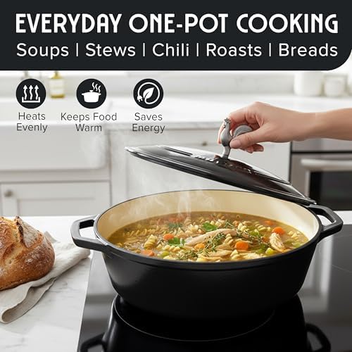 MUELLER HOME 5.5 Quart Enameled Cast Iron Oval Dutch Oven with Rooster Knob & Cotton Potholders, Heavy-Duty Cookware, Oven-Safe up to 500° F & Across All Cooktops, Gifts for Grandma & Women, Black - Image 6