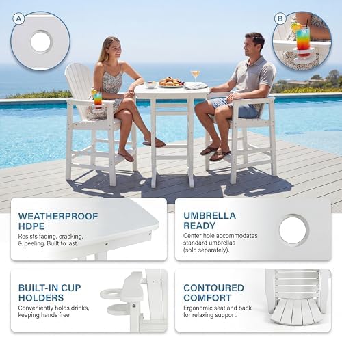 3-Piece HDPE Bar Height Table and Chairs Set, 42.1" Square High Top Pub Table with Umbrella Hole, 2 Adirondack Charis with Cup Holders, Outdoor Patio Dining Set for Bistro Backyard Deck White - Image 5