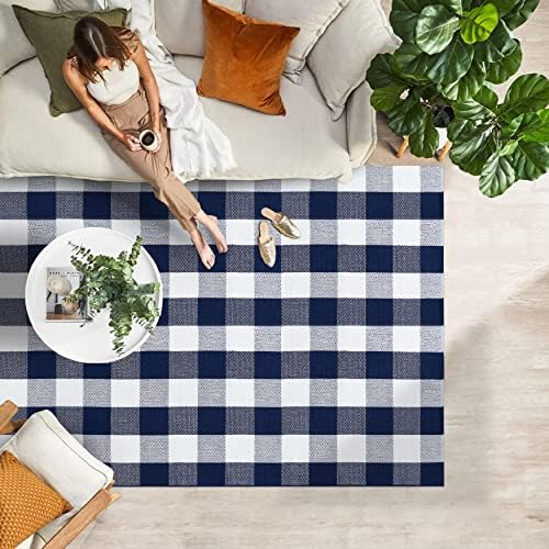 IOHOUZE 4x6 Buffalo Plaid Outdoor Rug, Washable Front Porch, Navy White - Image 4