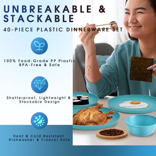 40 Piece Plastic Dinnerware Set for 8 with Cutlery, Unbreakable Plates and Bowls Set, Dishwasher & Microwave Safe Reusable Dish Set for Camping, RV, Outdoor Kitchen, Apartment Dining, Teal - Image 6