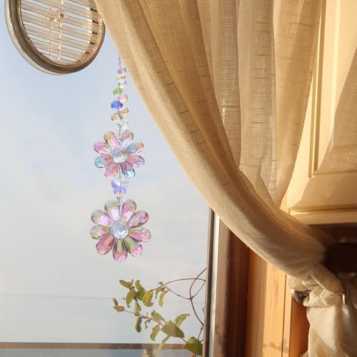 Crystal Flower Suncatcher Hanging Ornament, Rainbow Maker Window Sun Catcher Indoor Outdoor Patio Garden Decor (Purple) - Image 3