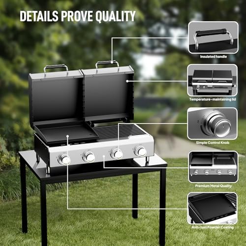Bonnlo 4 Burners Gas Flat Top Grill and Griddle Combo with Lid, Powerful 40,000 BTU Grills with Integrated Ignition & Heat-resistant coating, Camping Grill with Simple Control Knob for Outdoor BBQ Use - Image 4