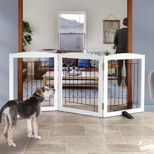 ZJSF Freestanding Dog Fence Indoor, Foldable Dog Gate for Doorways, Stairs or Hallways, Sturdy Wood Extra Wide Pet Gate with Support Feet for The House, White, 24 "Height-3 Panels by ZJSF