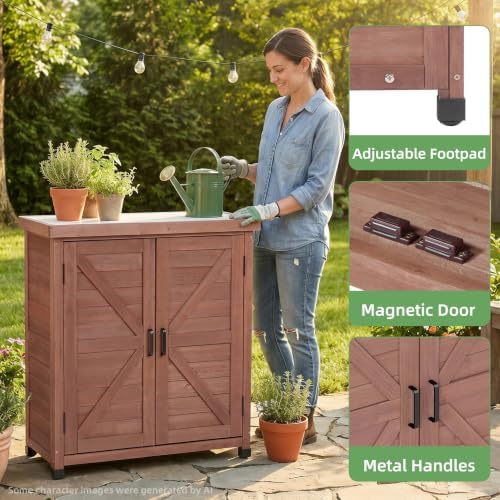 Outdoor Storage Cabinet with Metal Tabletop, Cedar Wood Garden Workstation - Image 6