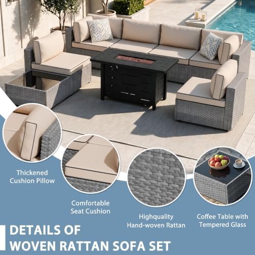 Shintenchi 8 Piece Outdoor Patio Furniture Set with 43 Inch Propane Fire Pit, Washable Cushions, Glass Coffee Table, Waterproof Cover & CSA Certified for Backyard Poolside, Silver PE Rattan/Khaki - Image 4