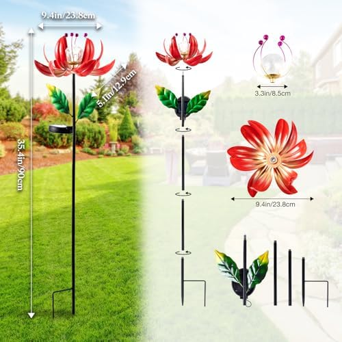 Solar Lights Outdoor Wind Spinners, Metal Lotus Flower Garden Decor with Waterproof LED Crackle Glass Globe for Patio Lawn Yard Outdoor Decor - Image 4