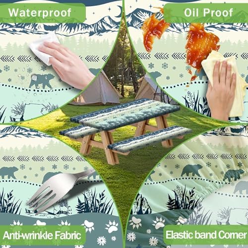 Picnic Table Cover with Bench Covers and Bag, Camping Essentials, Bohemian Waterproof Windproof Camping Tablecloth, Fitted Tablecloth Cover with Elastic Edge, for Garden & Outdoor, 3 PCS, 30x60 Inch - Image 5