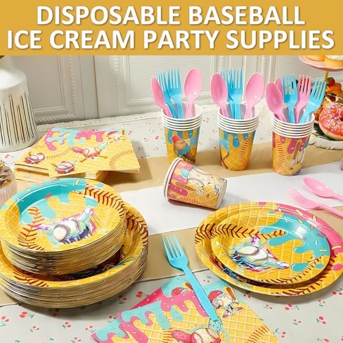 FoldTier 350 Pcs Ice Cream Drip Baseball Birthday Party Decorations Set Ice Cream Paper Plates Napkins Fork Set Disposable Fairy Tableware Decorations Supplies for Baby Shower Dinner Serves 50 - Image 2