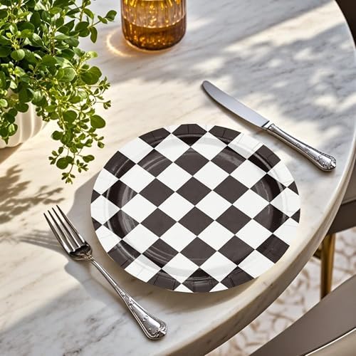 WRAPAHOLIC 25Pcs Racing Cars Paper Plates - 9 Inch Black and White Racing Flags Disposable Plates Decorative Dinner Plates for Party Tableware Supplies Table Decor - Image 4