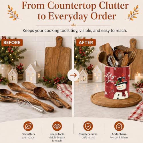 Christmas Snowman Kitchen Utensil Holder, Let It Snow Large Ceramic Utensil Holder For Countertop Organizer, 6.3'' Winter Cooking Utensil Crocks Festivel Decor Utensil Storage Cup for Kitchen - Image 7