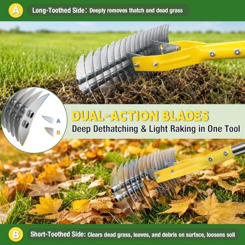 Thatch Rakes , 15-Inch Wide Thatching Rake for Cleaning Dead Grass, 55-Inch Efficient Steel Dethatcher Rake with Adjustable Metal Handle, Thatch Rakes for Lawns, Garden, Yard - Image 4