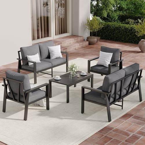 5 Pieces Aluminum Outdoor Patio Furniture Set 6-Seat Deck Furniture Patio Conversation Sets All-Weather Rust-Proof Sectional Sofa Set with Removable Cushion for Balcony, Yard, Poolside by VonzoyHome