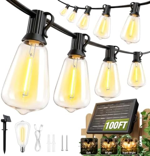 100FT Solar String Lights Outdoor Waterproof with Remote & Timer, LED Shatterproof ST38 Bulbs, USB & Solar Powered Patio Lights for Backyard, Porch, Garden, Wedding Decor, Dusk to Dawn Lighting by SkoiucLights