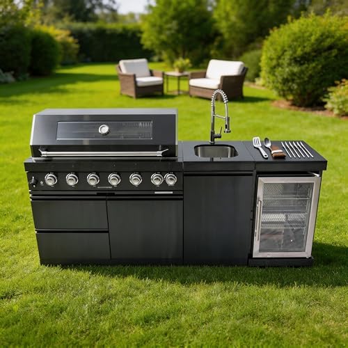 82 Inch Natural Gas Outdoor Kitchen Island with Grill - 6-Burner 85000 BTU, Height-Adjustable Infrared Rear Burner, Sink/Wine Cooler, Granite Countertops & Rotisserie Kit, For Patio, Lawn, Backyard by Dvasovio