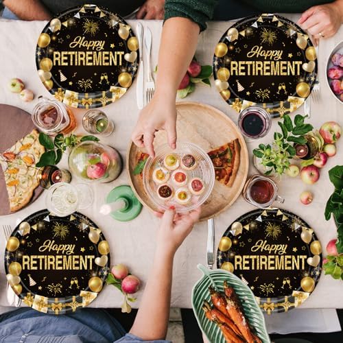 40Pcs Retirement Paper Plates and Napkins Party Supplies, Disposable Happy Retirement Decorations Party Plates Napkins Black Gold Tableware Set for Men Women - Image 6